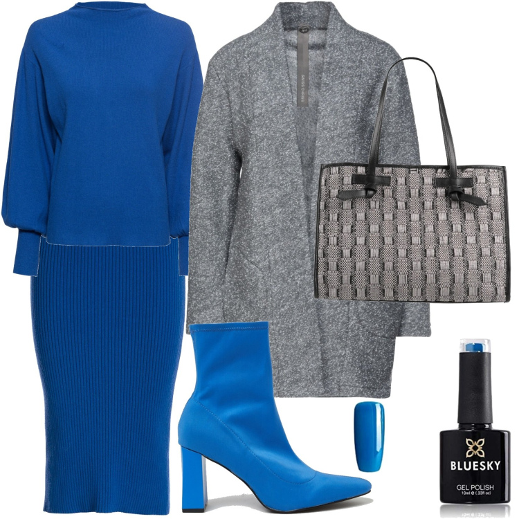 Outfit donna - Primavera bicolore. Stile Sporty chic per Ufficio. Abbinamento con maglieria, cappotti, borse a mano, gonne longuette, scarpe col tacco, smalti.