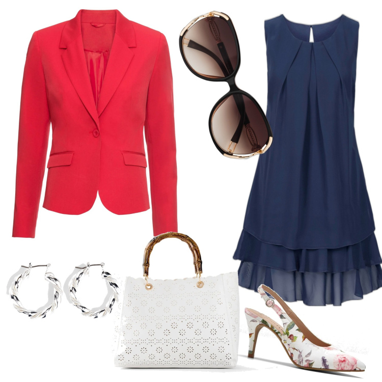 Outfit donna - Meeting del lunedì. Stile Chic per Ufficio. look ideale per Petite. Abbinamento con vestiti, occhiali da sole, orecchini, blazer, décolleté, borse a mano.