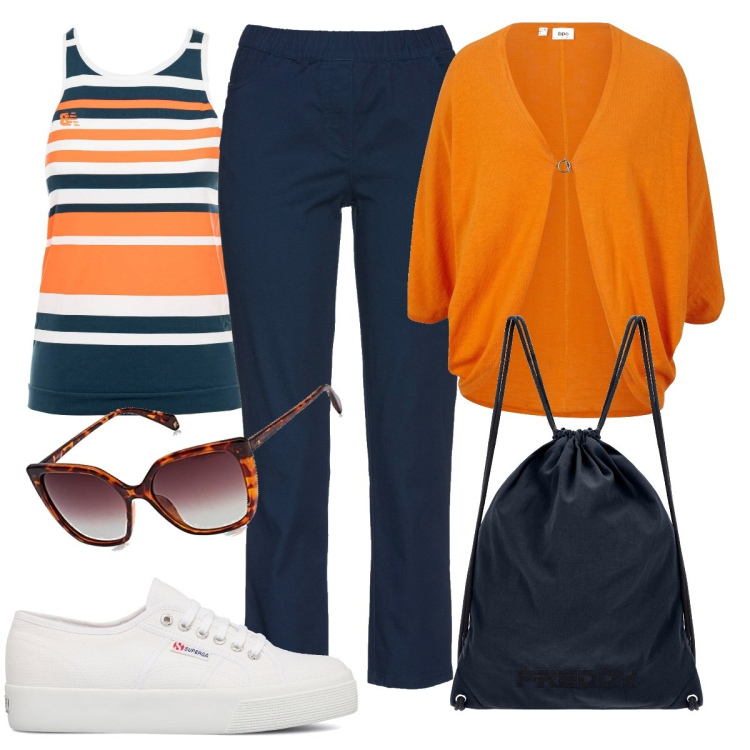 Outfit donna - Il top a righe. Stile Casual per Tutti i giorni. Abbinamento con pantaloni, cardigans, canottiere, zaini, sneakers, occhiali da sole.