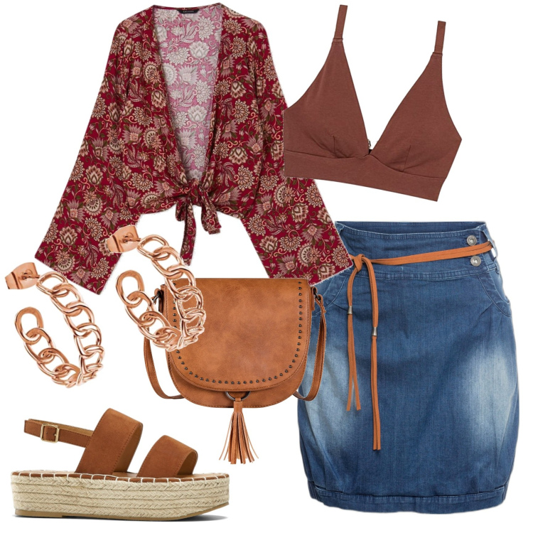 Outfit donna - Gonna in jeans. Stile Boho per Tutti i giorni. Abbinamento con minigonne, sandali, borse a tracolla, camicie, bralette, orecchini.