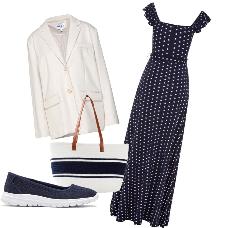 Outfit donna - Primavera a pois. Stile Bon Ton per Tutti i giorni. Abbinamento con blazer, vestiti lunghi, shopping bag, ballerine.