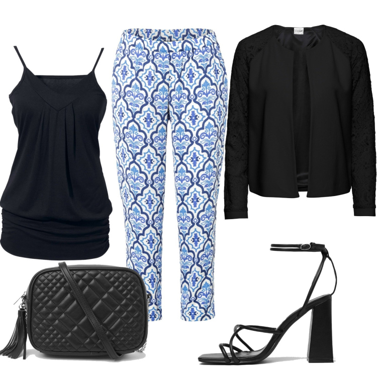 Outfit donna - Serata con amici. Stile Casual chic per Serata fuori. Abbinamento con top, blazer, pantaloni, borse a tracolla, sandali in pelle.