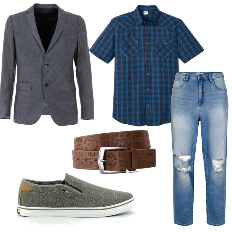 Outfit uomo - Classico sportivo. Stile Trendy per Tutti i giorni. Abbinamento con giacche, scarpe stringate, cinture, camicie a manica corta, jeans.