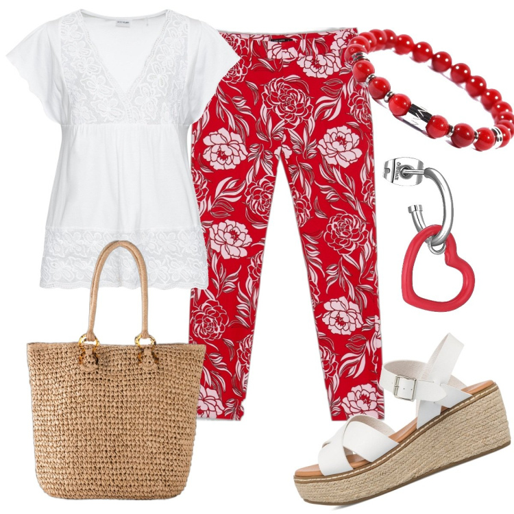 Outfit donna - la bluse di Sangallo. Stile Casual per Tutti i giorni. Abbinamento con maglieria, shopping bag, orecchini, braccialetti, pantaloni capri, sandali col tacco.