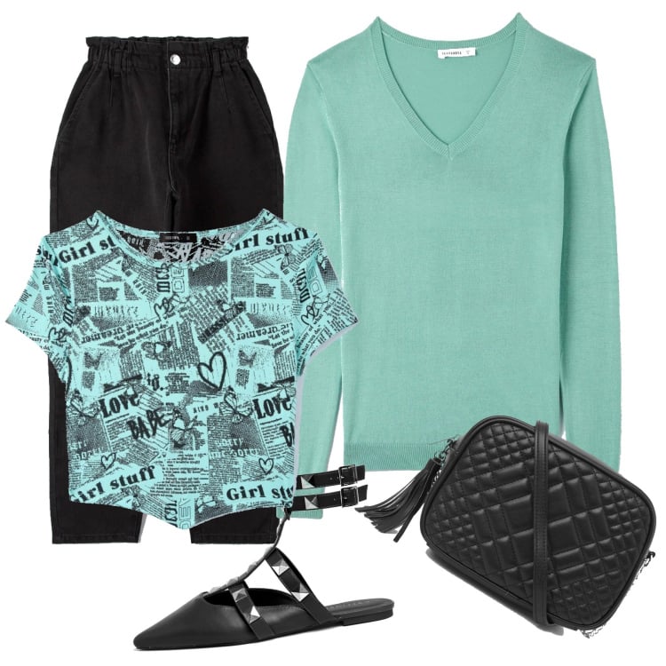 Outfit donna - Spring glam style. Stile Glamour per Tutti i giorni. Abbinamento con maglieria, jeans, t-shirt, borse a tracolla, ballerine.