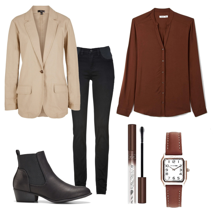 Outfit donna - Camicia alla coreana. Stile Vintage retrò per Tutti i giorni. Abbinamento con jeans skinny, blazer, stivaletti chelsea, camicie, orologi analogici, mascara.