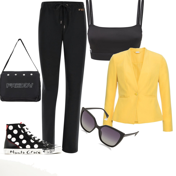 Outfit donna - Sportiva e Trendy. Stile Sporty chic per Tutti i giorni. Abbinamento con blazer, sneakers, borse messenger, pantaloni, top, occhiali da sole.