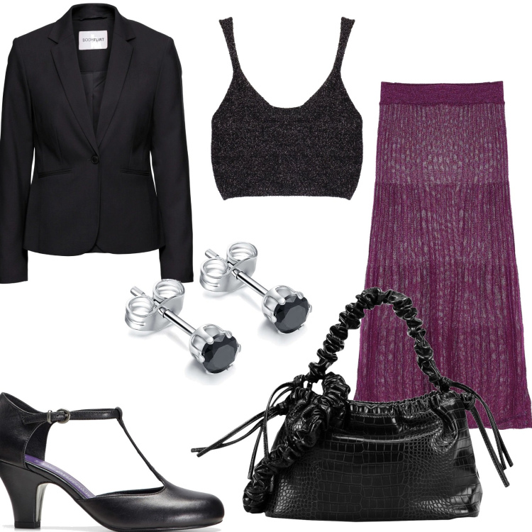 Outfit donna - Serata luci chic. Stile Glamour per Serata fuori. Abbinamento con blazer, décolleté, borse a mano, orecchini, gonne longuette, top.