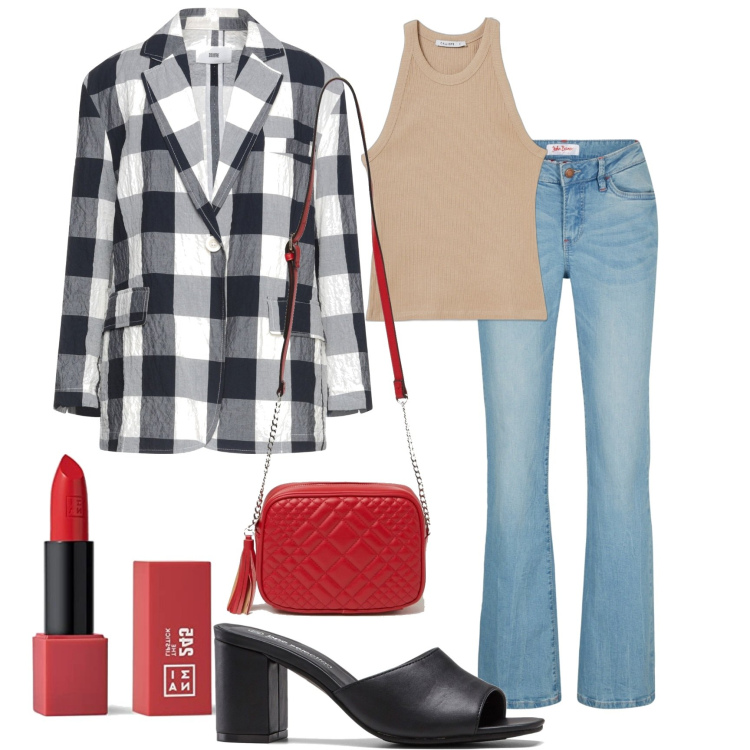 Outfit donna - Rossetto in tinta con la borsa. Stile Glamour per Tutti i giorni. Abbinamento con jeans bootcut, ciabatte, blazer, borse a tracolla, top, rossetti.