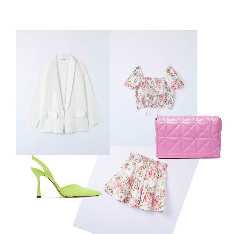 Outfit donna - Pink and green. Stile Casual chic per Serata fuori. Abbinamento con blazer, bluse, gonne, décolleté, borse a spalla.