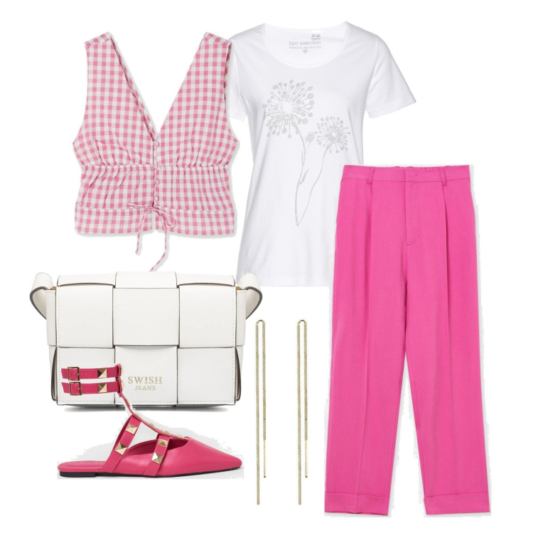 Outfit donna - Ghost outfitter - aprile. Stile Glamour per Tutti i giorni. Abbinamento con t-shirt, pantaloni, top, ballerine, borse a tracolla, orecchini.