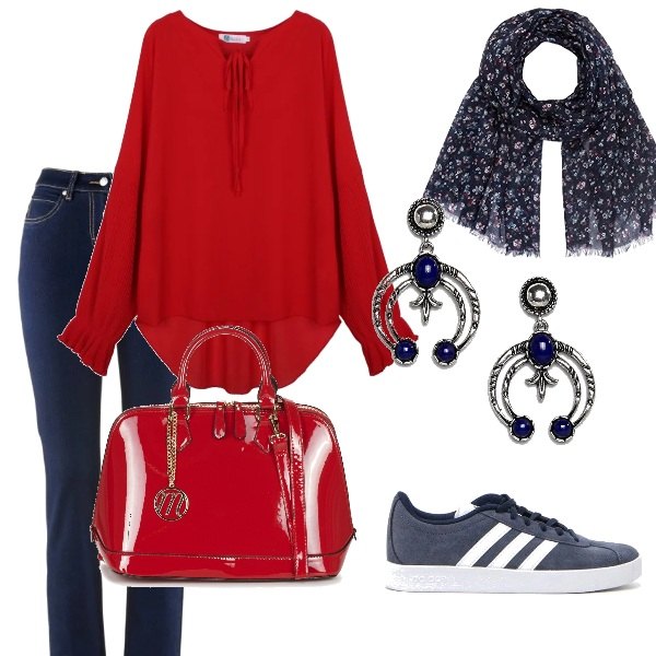 Outfit donna - Basic #14850. Stile Basic per Tutti i giorni. Abbinamento con jeans dritti, borsetta rosso, blusa scollatura rosso, sneakers, orecchini pendenti farfalla, sciarpa.