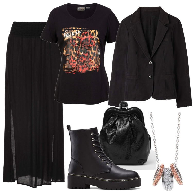 Outfit donna - Total look #1595064. Stile Casual per Tutti i giorni. look ideale per Tall. Abbinamento con gonne lunghe, stivaletti, t-shirt, blazer, collane, pochette.