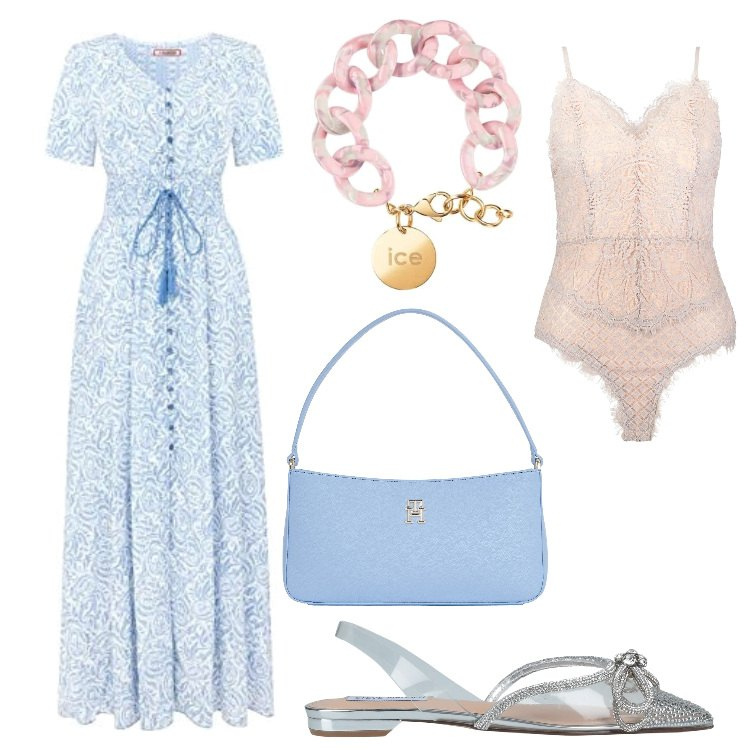 Outfit femme - Au cinéma. Style Romantique pour Soirée dehors. Assortir avec robes longues, body, ballerines, sacs en bandoulière, bracelets.