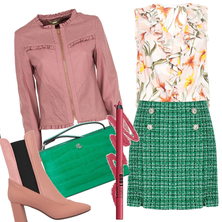 Outfit donna - Pomeriggio in rosa e verde. Stile Bon Ton per Serata fuori. look ideale per Petite. Abbinamento con stivaletti chelsea, top, pantaloni, giacche, pochette, matite labbra.