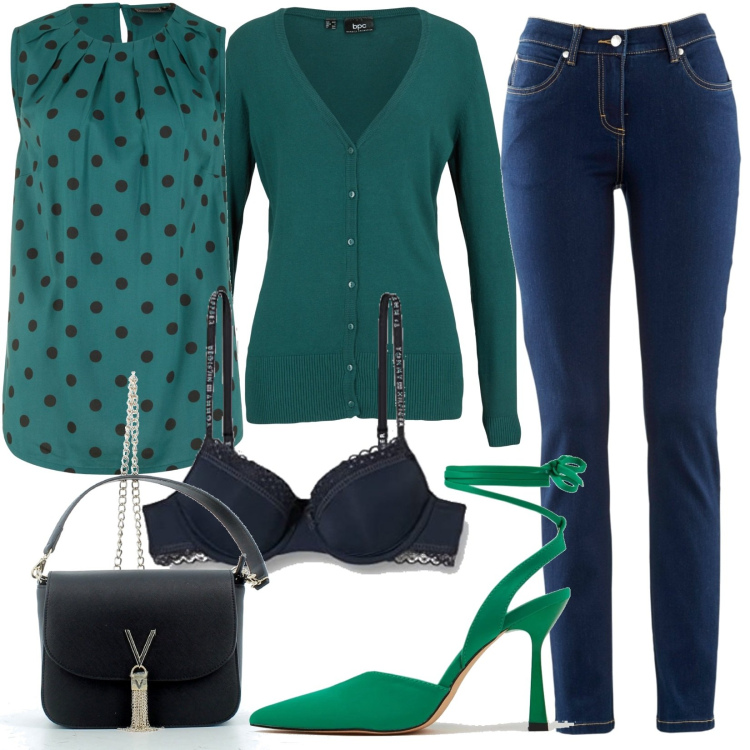 Outfit donna - Il colore della vita che continua. Stile Casual per Ufficio. look ideale per Petite. Abbinamento con jeans dritti, top, cardigans, décolleté, borse a tracolla, reggiseni.