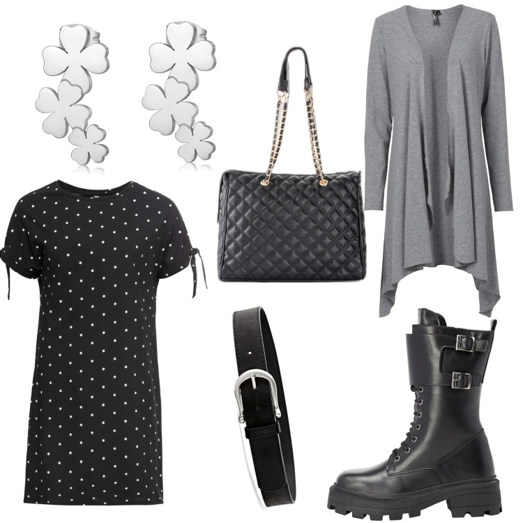 Outfit donna - Carattere e femminilita. Stile Casual chic per Ufficio. Abbinamento con stivaletti, cinture, cardigans, vestiti corti, shopping bag, orecchini.