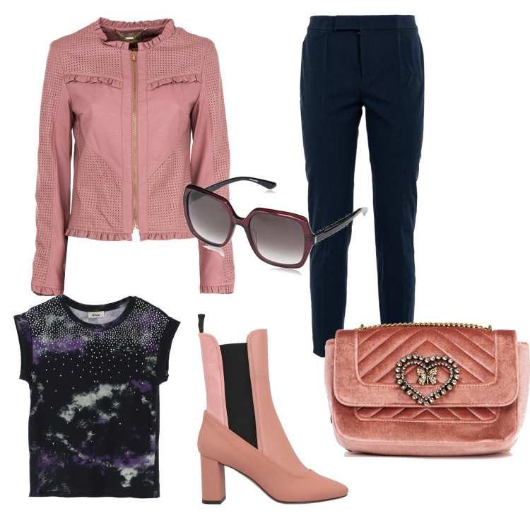 Outfit donna - Total look di primavera. Stile Casual chic per Tutti i giorni. Abbinamento con stivaletti chelsea, pantaloni, borse a tracolla, giacche, t-shirt, occhiali da sole.