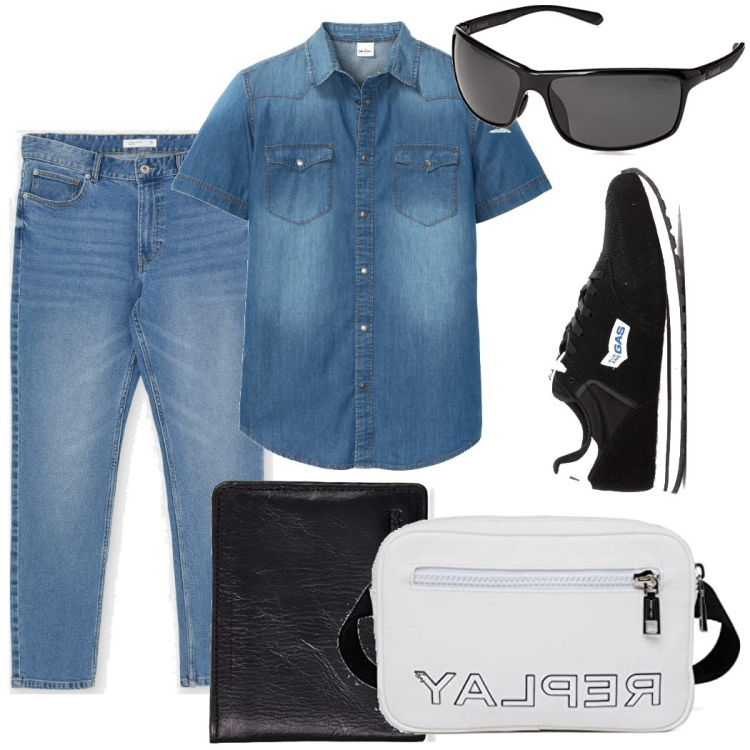 Outfit uomo - Tempo libero. Stile Casual per Tutti i giorni. Abbinamento con camicie a manica corta, sneakers, jeans, borse sportive, occhiali da sole, portafogli.