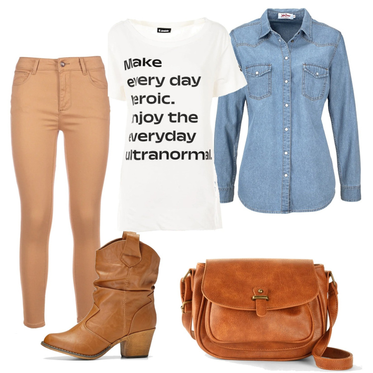 Outfit donna - Casual. Stile Casual per Tutti i giorni. Abbinamento con borse a tracolla, camicie, stivaletti texani, jeans skinny, t-shirt.