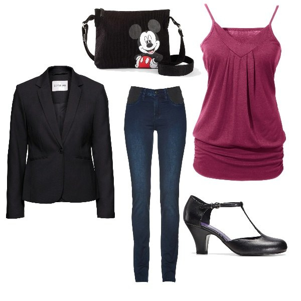 Outfit donna - un giorno in città. Stile Casual per Tutti i giorni. Abbinamento con top, blazer, jeans, décolleté, borse a tracolla.