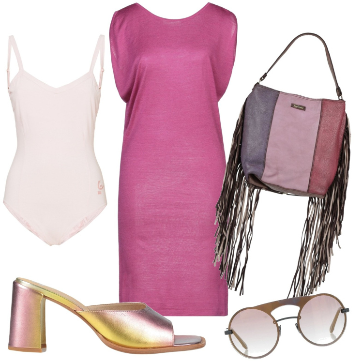Outfit donna - L\'ora del té. Stile Trendy per Tutti i giorni. Abbinamento con vestiti corti, borse a mano, sandali in pelle, occhiali da sole, body.