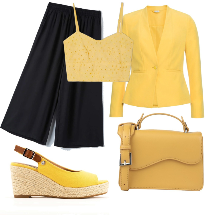 Outfit donna - Total look #1595796. Stile Casual per Tutti i giorni. Abbinamento con blazer, borse a mano, pantaloni a palazzo, décolleté, top.