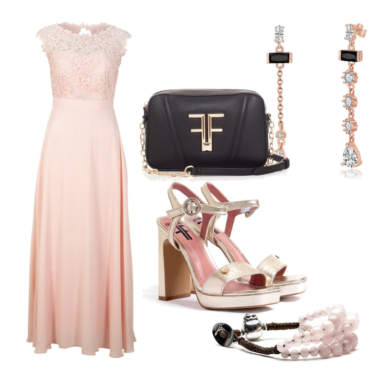 Outfit donna - Cerimonia in rosa e nero. Stile Glamour per Cerimonia. Abbinamento con vestiti lunghi, sandali, pochette, braccialetti, orecchini.