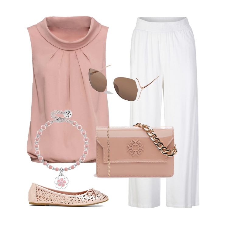Outfit donna - Welcome Summer. Stile Casual per Tutti i giorni. Abbinamento con pantaloni, top, ballerine, occhiali da sole, pochette, braccialetti.