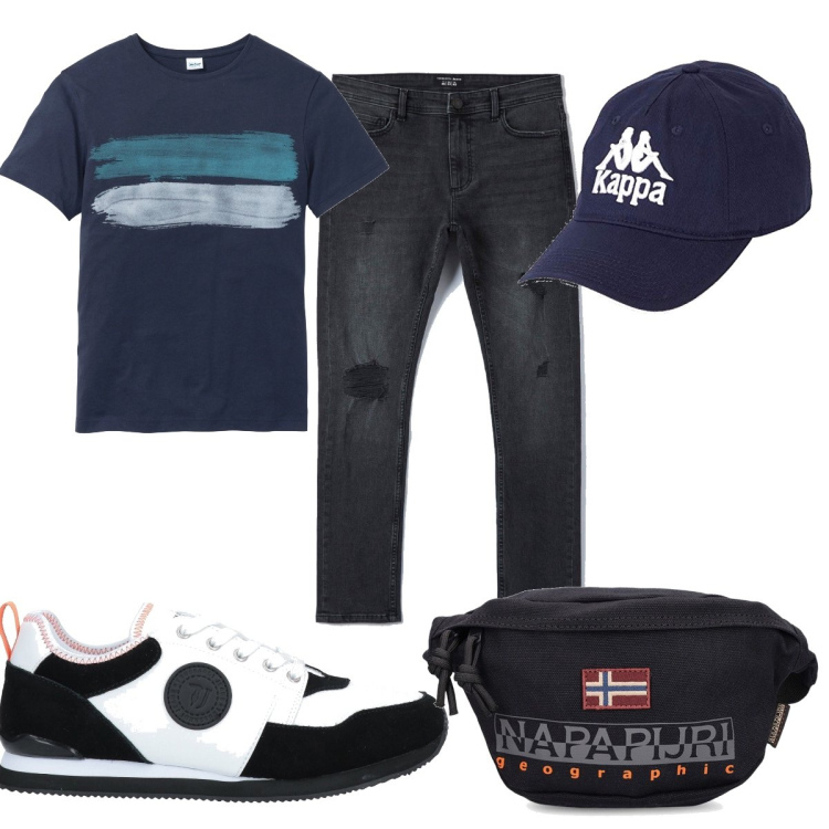 Outfit uomo - Total look #1596075. Stile Casual per Tutti i giorni. Abbinamento con t-shirt, sneakers, jeans, cappelli con visiera, borse sportive.