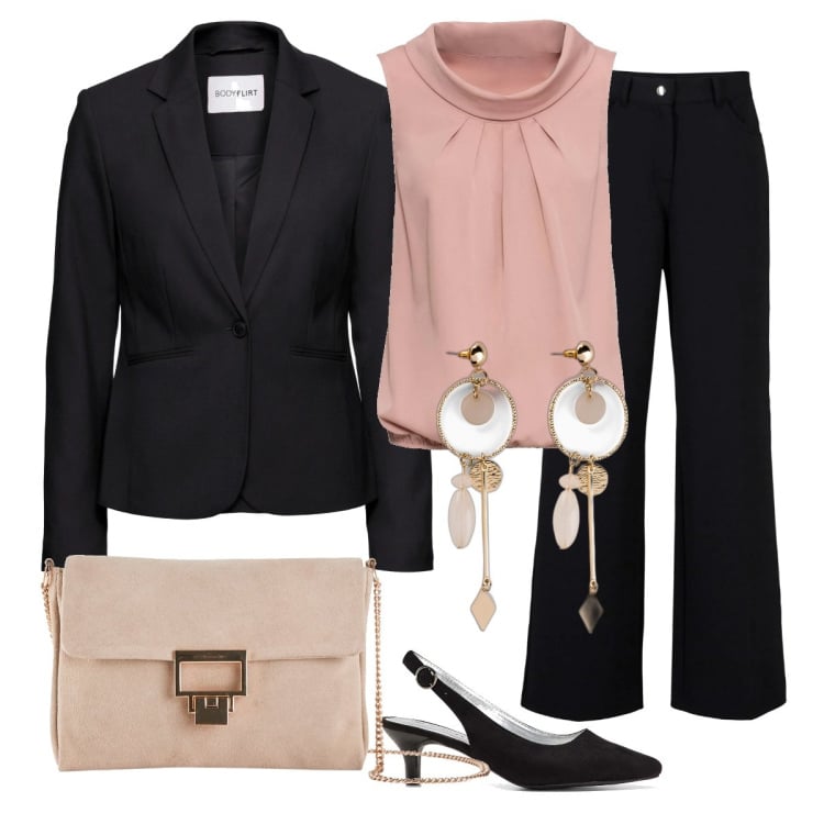 Outfit donna - Total look #1596222. Stile Bon Ton per Cerimonia. Abbinamento con top, blazer, orecchini, pantaloni, décolleté, pochette.