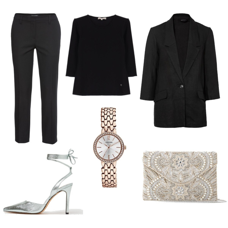 Outfit donna - Pink details. Stile Chic per Serata fuori. Abbinamento con pantaloni, pochette, blazer, maglieria, décolleté, orologi analogici.