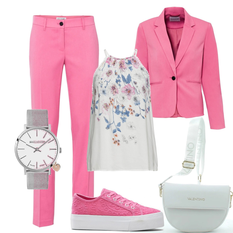 Outfit donna - Completo fucsia. Stile Casual per Tutti i giorni. Abbinamento con top, blazer, pantaloni, sneakers, orologi, borse a tracolla.