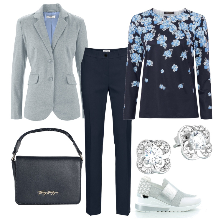 Outfit donna - Rose blu. Stile Casual chic per Ufficio. Abbinamento con pantaloni, maglieria, blazer, borse a mano, orecchini, sneakers.
