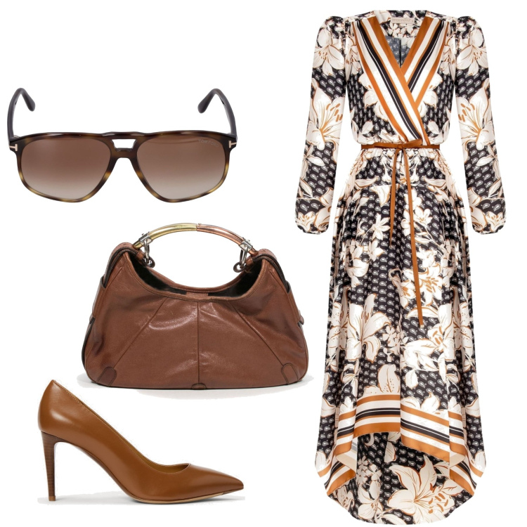 Outfit donna - Il marrone a primavera. Stile Bon Ton per Ufficio. Abbinamento con borse a spalla, vestiti asimmetrici, décolleté, occhiali da sole.