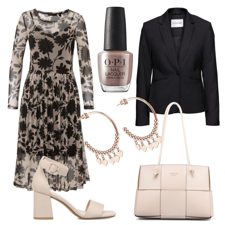 Outfit donna - Ufficio o cerimonia semplice. Stile Casual chic per Tutti i giorni. Abbinamento con blazer, vestiti, orecchini, sandali in pelle, borse a spalla, smalti.