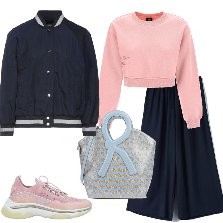Outfit donna - Rosa. Stile Basic per Tutti i giorni. Abbinamento con sneakers, giacche, borse a mano, pantaloni a palazzo, felpe.