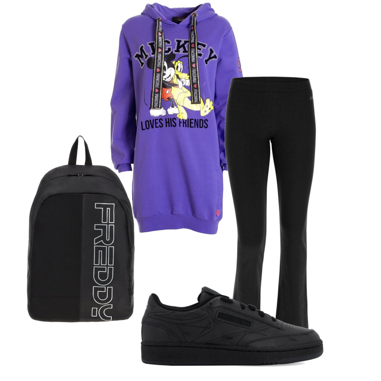Outfit donna - Tempo libero. Stile Basic per Tutti i giorni. Abbinamento con felpe con cappuccio, zaini, pantaloni, sneakers.