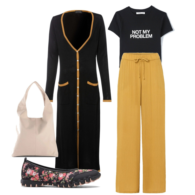 Outfit donna - Basic spolverino. Stile Basic per Tutti i giorni. Abbinamento con pantaloni, cardigans, ballerine, shopping bag, t-shirt.