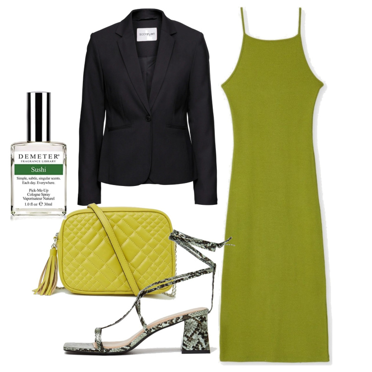 Outfit donna - Verde cedro. Stile Chic per Serata fuori. Abbinamento con blazer, vestiti midi/longuette, borse a tracolla, sandali in pelle, profumi.