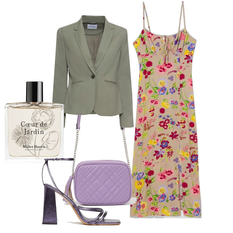 Outfit donna - Bouquet millefiori. Stile Chic per Tutti i giorni. Abbinamento con blazer, vestiti midi/longuette, borse a tracolla, sandali in pelle, profumi.