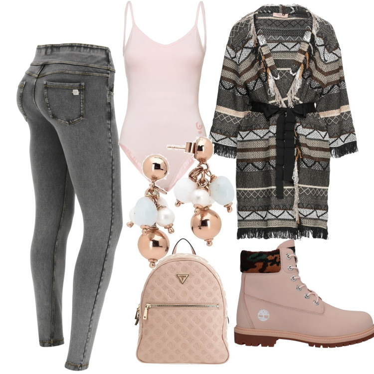 Outfit donna - Oggi shopping. Abbinamento con stivaletti, cardigans, orecchini, body, jeans slim fit, zaini.