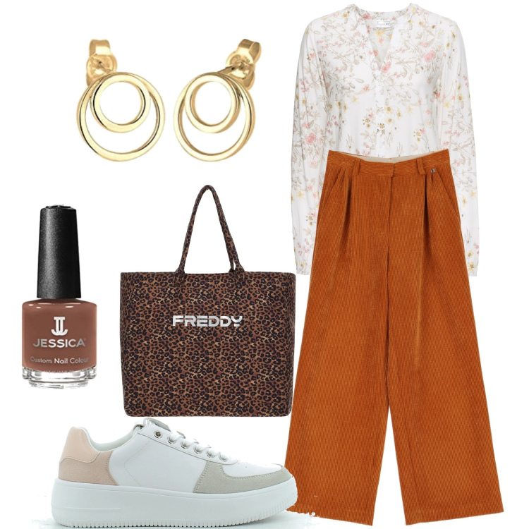 Outfit donna - Ruggine. Stile Casual chic per Tutti i giorni. Abbinamento con camicie, borse tote, sneakers, pantaloni a palazzo, orecchini, smalti.