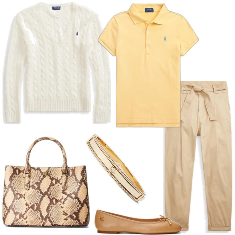 Outfit donna - Total look #1596985. Stile Casual chic per Tutti i giorni. Abbinamento con ballerine, pantaloni chino, maglieria, braccialetti, borse a mano, polo.