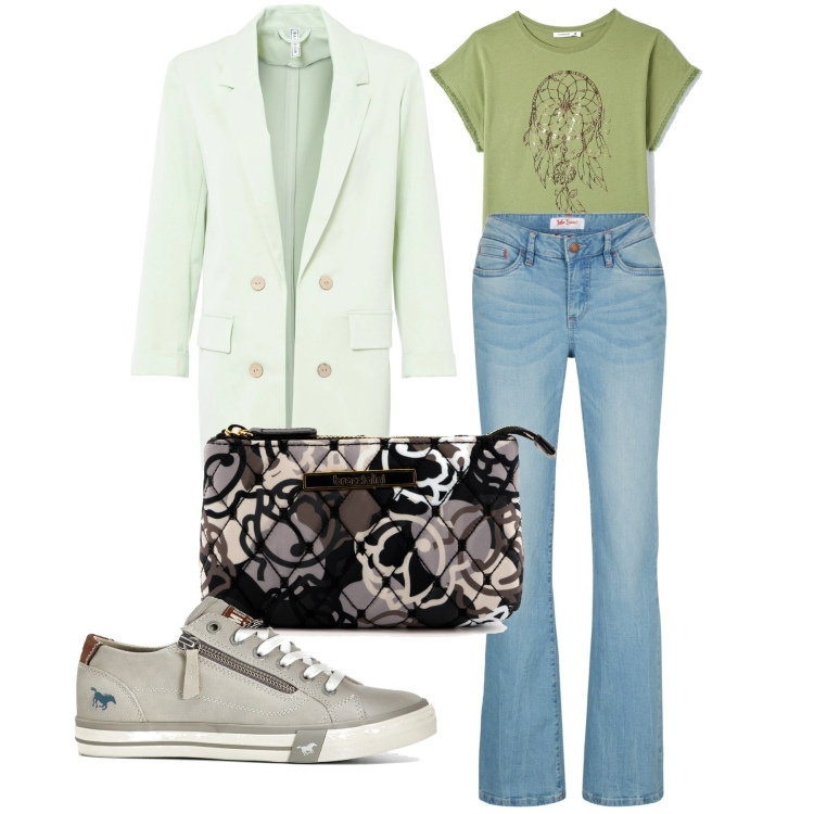 Outfit donna - Catchdream. Stile Casual chic per Tutti i giorni. Abbinamento con jeans bootcut, sneakers, blazer, t-shirt, pochette.