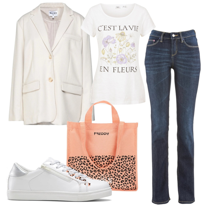 Outfit donna - En fleurs. Stile Basic per Tutti i giorni. Abbinamento con jeans dritti, t-shirt, sneakers, blazer, shopping bag.