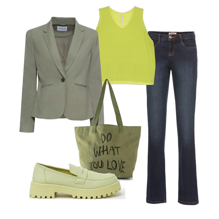 Outfit donna - Canotte sottogiacca. Stile Casual chic per Tutti i giorni. Abbinamento con jeans bootcut, blazer, shopping bag, canottiere, mocassini.
