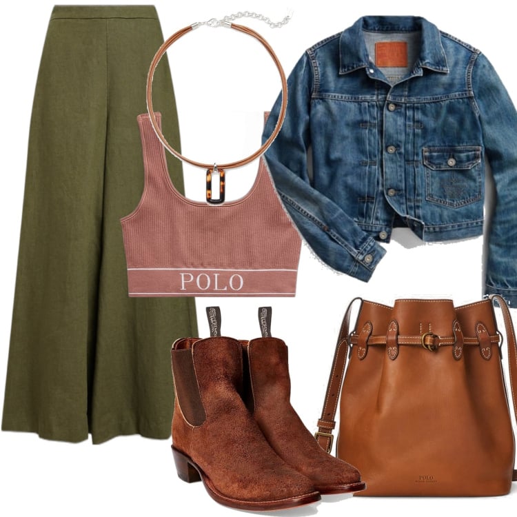 Outfit donna - Total look #1597050. Stile Etnico per Serata fuori. Abbinamento con pantaloni, stivaletti chelsea, canottiere, giacche, borse a secchiello, ciondoli.