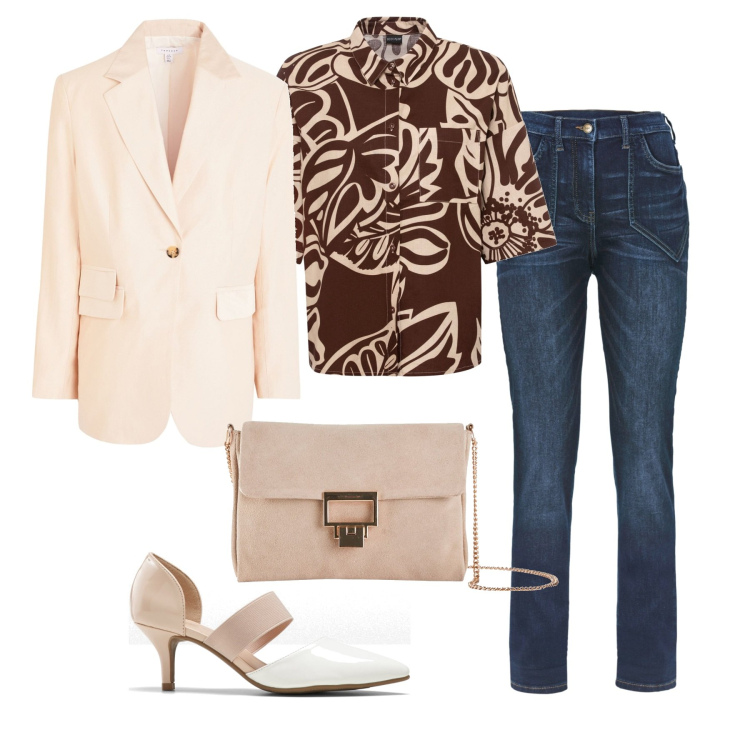 Outfit donna - Camicia molto chic. Stile Casual chic per Tutti i giorni. Abbinamento con jeans dritti, camicie, décolleté, pochette, blazer.