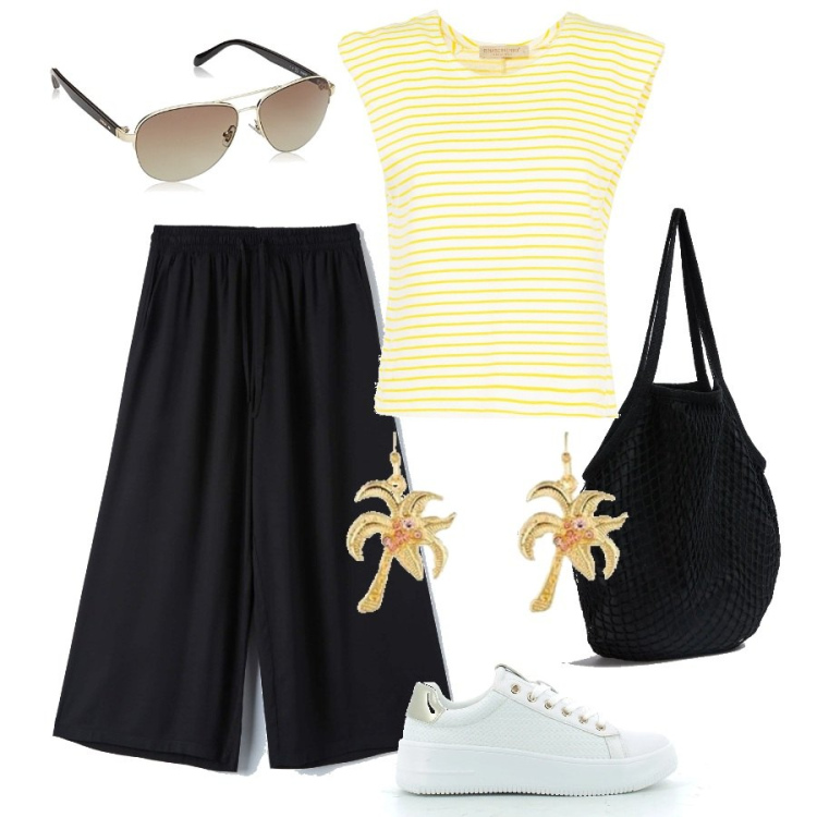 Outfit donna - Total look #1597143. Stile Basic per Tutti i giorni. Abbinamento con pantaloni a palazzo, borse a spalla, maglieria, orecchini, sneakers, occhiali da sole.
